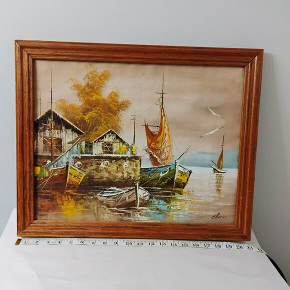 Vintage Original Oil Painting Harbor Scene & Boats Wood Frame Signed Bloom 21x17 - Picture 5 of 8
